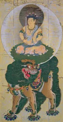 Der Bodhisattva Manjushri reitend auf einem Löwen, der Dampf ausstößt, Illustration nach einem Kakemono aus dem elften Jahrhundert aus dem Tempel Kozan-Ji in Yamashiro, veröffentlicht in der Zeitschrift The Kokka, Mai 1904